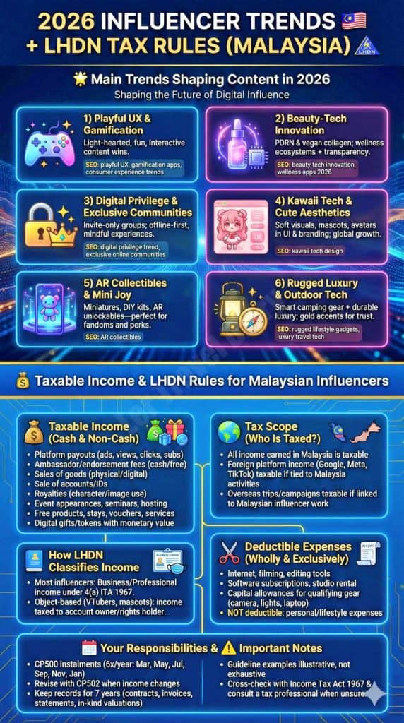 A comprehensive vertical infographic titled "2026 Influencer Trends + LHDN Tax Rules (Malaysia)." The poster is divided into two distinct sections:Top Section (Trends): Features vibrant, neon-style icons illustrating six key content trends for 2026, including Playful UX & Gamification, Beauty-Tech Innovation, and Kawaii Tech.Bottom Section (Tax): Presents a professional breakdown of Malaysian tax laws for creators, detailing Taxable Income (cash & non-cash), Deductible Expenses, and key LHDN Responsibilities like CP500 instalments.